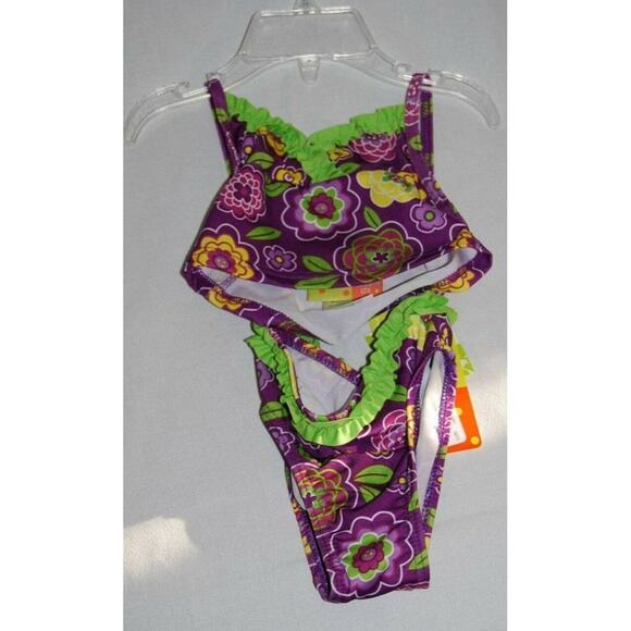 Penelope Mack Purple And Lime Floral 2 Piece Toddler Girls SwimSuit 18M - Picture 4 of 6